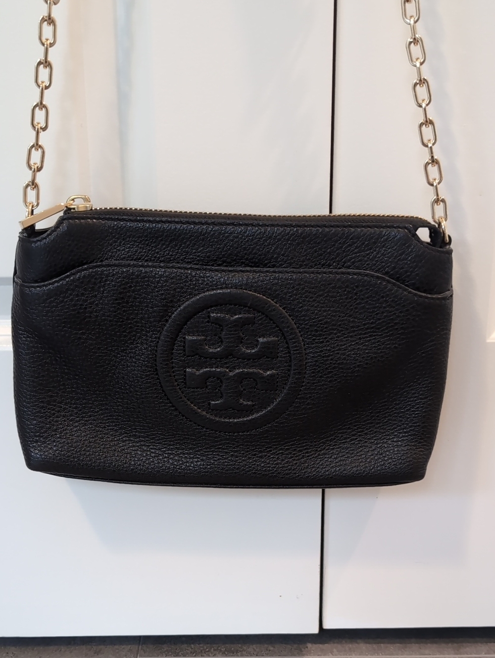 Tory Burch Black Pebbled Leather Crossbody with Gold Chain
